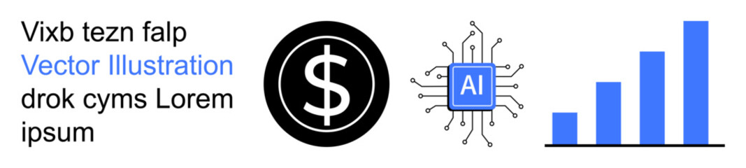 Fototapeta premium Finance, artificial intelligence, data analysis, tech innovation, growth, automation. Black dollar sign, AI chip growth bar chart. Finance and artificial intelligence in data-driven innovation