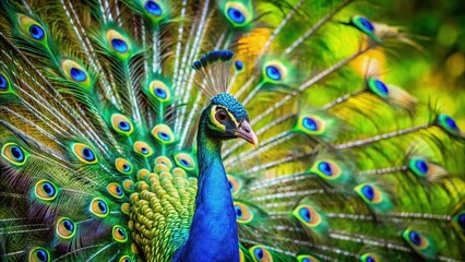 Obraz premium A photo of a peacock with its tail feathers spread wide, showcasing vibrant colors in shades of green, blue, and gold against a backdrop of lush green