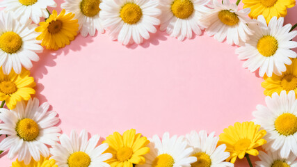 Fototapeta premium Floral Frame with Daisies and Yellow Flowers on Pink