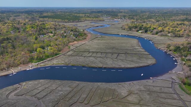North River near mouth to the Atlantic Ocean aerial view between town of Scituate and Marshfield, Massachusetts MA, USA.