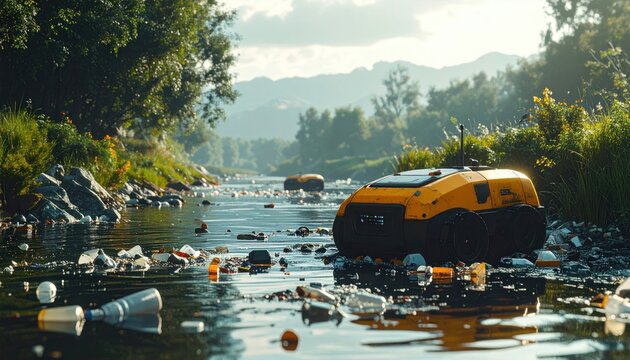 Polluted River with Trash and Debris.
