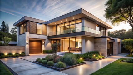 Fototapeta premium A photo of a sleek, modern luxury new home exterior with large windows, a flat roof, and clean lines The walls are painted in neutral colors, while t