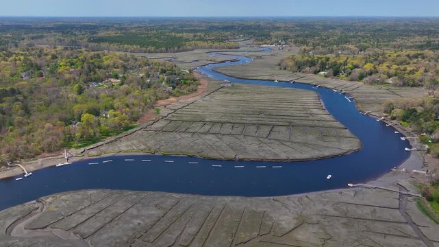 North River near mouth to the Atlantic Ocean aerial view between town of Scituate and Marshfield, Massachusetts MA, USA. 