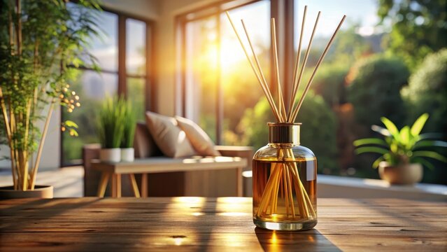 A photo of a sleek amber bottle filled with reed diffuser oil, with sticks protruding from the top, creating a serene home aroma environment