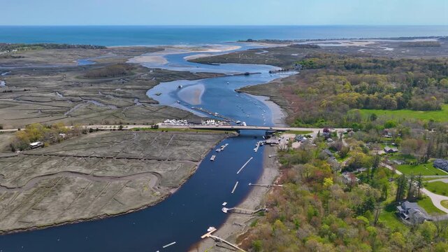 North River near mouth to the Atlantic Ocean aerial view between town of Scituate and Marshfield, Massachusetts MA, USA. 