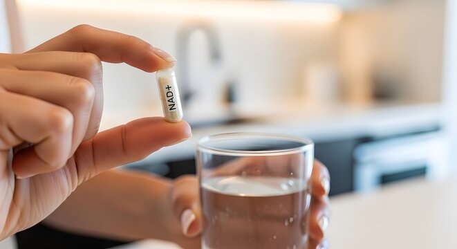 Woman Holding NAD+ Supplement Capsule with Water for Daily Health and Wellness Routine