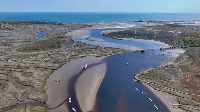 North River near mouth to the Atlantic Ocean aerial view between town of Scituate and Marshfield, Massachusetts MA, USA. 