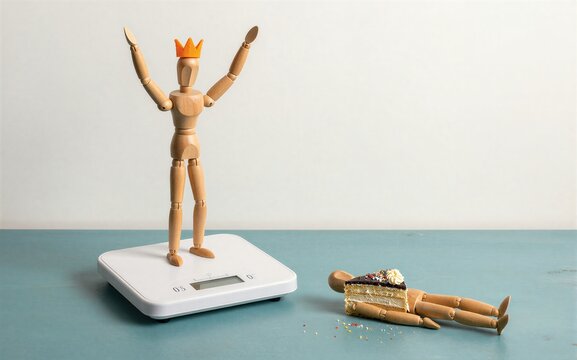 Wooden figure celebrates weight loss another lies defeated beside
