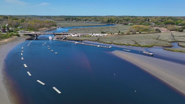 North River near mouth to the Atlantic Ocean aerial view between town of Scituate and Marshfield, Massachusetts MA, USA. 