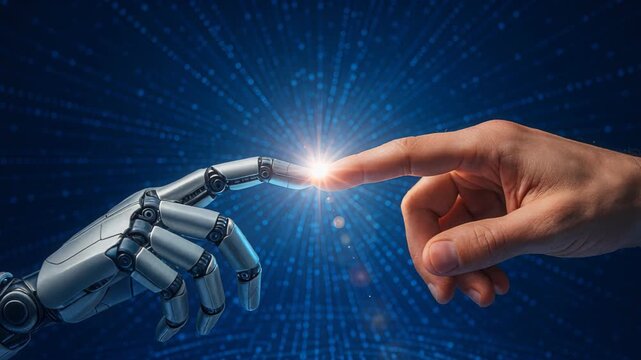 Human and Machine Synergy: A mesmerizing image capturing the harmonious connection between human and artificial intelligence, showcasing a human finger touching a robotic counterpart.