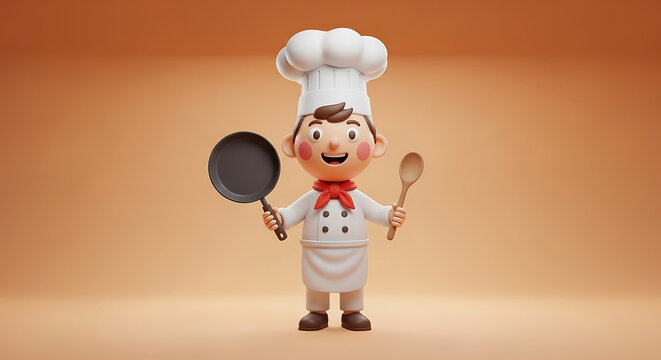 Cute Cartoon Chef Boy Holding Frying Pan and Spoon Ready to Cook