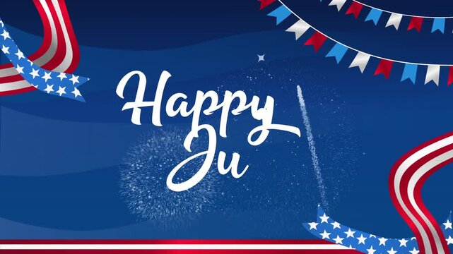 Happy 4th of july text animation celebration with flag and fireworks, perfect for independence day designs, event promotions, holiday social media posts.
