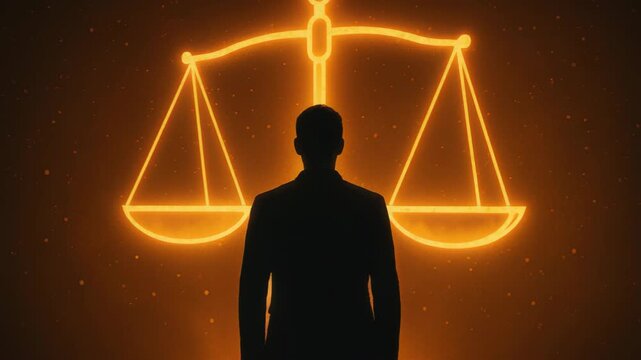 Image of Justice and Balance: Silhouette of a person stands before a glowing balance scale. Capturing concept of fairness, law, and equilibrium.