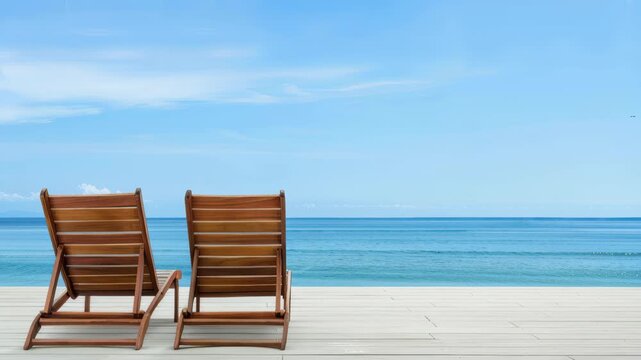 Serene Beach Retreat: Two wooden beach chairs sit invitingly on a deck overlooking the expansive ocean, under a vast blue sky. A moment of tranquility.