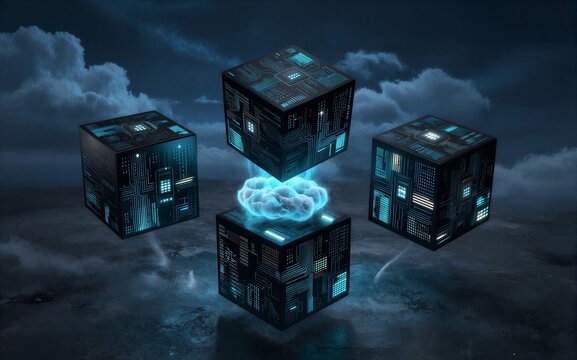 Floating circuit cubes emit blue light converging on a glowing cloud