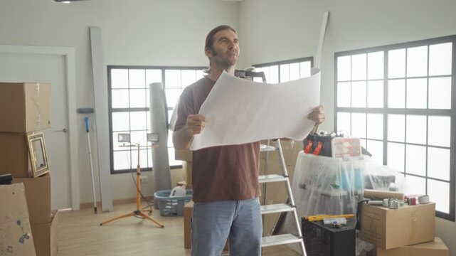 Man holding a large blueprint and looking up in a building under renovation, surrounded by boxes and tools; anticipation planning progress.
