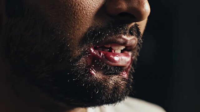 Close Up of a Bearded Man's Mouth with Blood and Sparkling Particles Against a Dark Moody Background,  Ideal for Horror