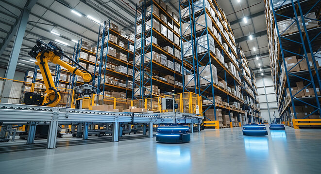 Modern Warehouse Automation with Robotic Arm and Autonomous Mobile Robots