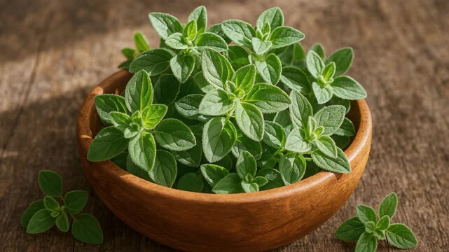 Oregano in Wooden Bowl: A close-up shot of fresh oregano sprigs overflowing from a rustic wooden bowl. The vibrant green leaves contrast beautifully against the warm, natural tones of the wood.