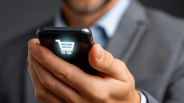 Digital Shopping in Hand: A professional hand holds a smartphone, its screen illuminating with the symbolic icon of a shopping cart, suggesting a seamless digital shopping experience. 