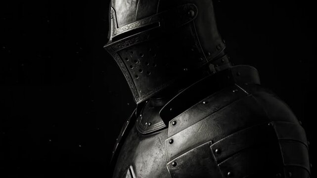 Guardian in Steel: A close-up, dramatic portrayal of a medieval knight, armored in gleaming steel, embodies strength, valor, and the unwavering spirit of protection.