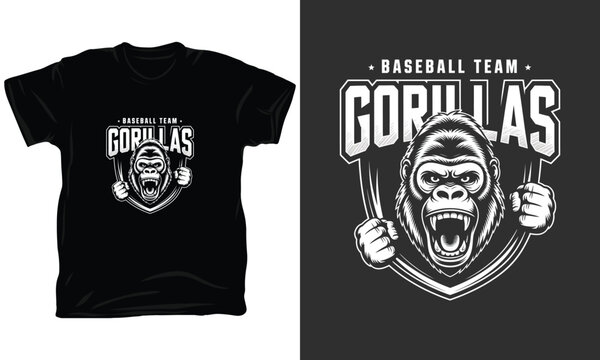 Vintage baseball team gorilas logotype with angry gorilla head emblem vector.