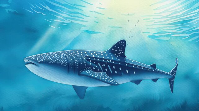 Gentle Giant of the Deep: A serene illustration showcases a majestic whale shark gliding gracefully through the tranquil underwater realm.