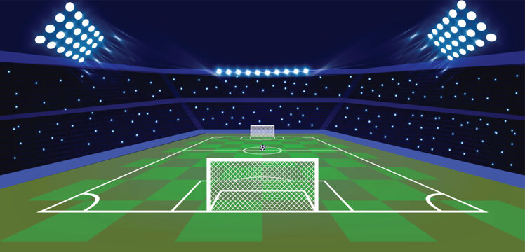 Nighttime view of a professional soccer stadium. Bright floodlights illuminate the green grass field with white markings. Goals are positioned on each end, and a soccer ball rests near center field