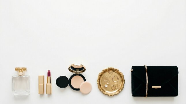 Top view flat lay of elegant female fashion accessories, cosmetics, perfume, red lipstick, face powder, and black clutch purse on white background