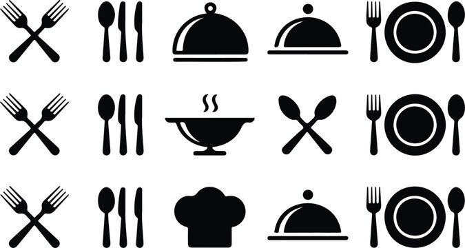 Black and white restaurant icon set featuring cutlery serving platter plate and dining symbols in minimalist style collection