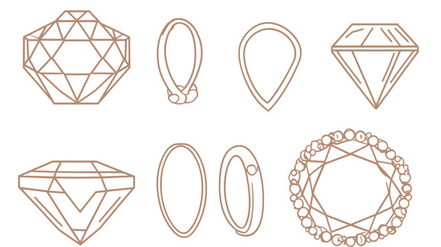 Seven jewel design outlines with various shapes and line styles in a tan color