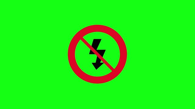 Flashing red high voltage and prohibition symbols. Animated electrical warning icon, voltage symbol arrow. Industry, energy. Green background, 4K video.
