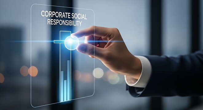 Corporate social responsibility (CSR). A manager's hand slides a virtual coin into a holographic donation meter, representing corporate giving.