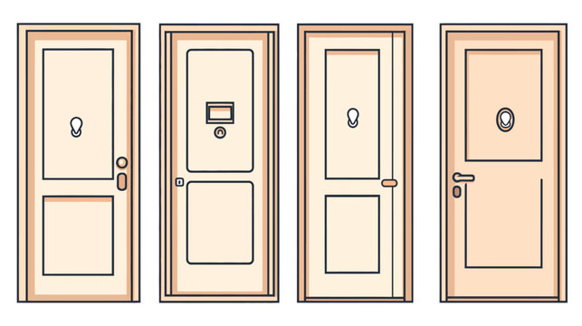 Four stylized doors with different knob and peephole designs, with a clean, vector aesthetic