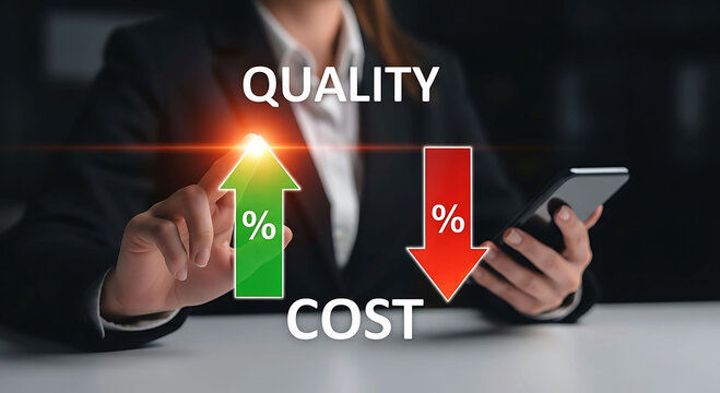 Businesswoman pointing at green arrow showing quality increase and cost reduction