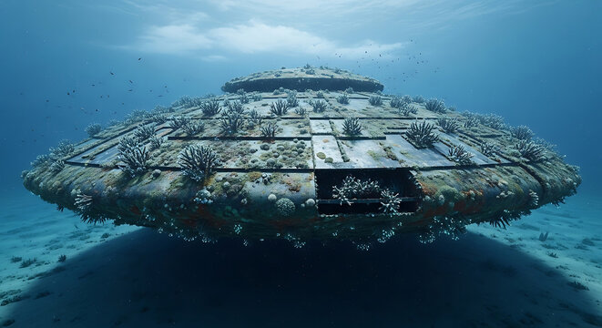 submerged ufo a mysterious alien spaceship lies on the ocean floor encrusted with vibrant coral and marine life in clear blue water