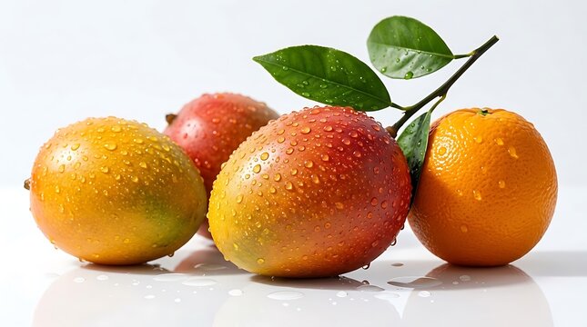 Mangga dan Jeruk Tropis Segar dengan Tetesan Air Mengilap di Latar Putih