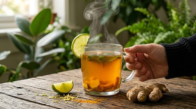 Minuman Herbal Jahe Kunyit Hangat dengan Jeruk Nipis dan Mint