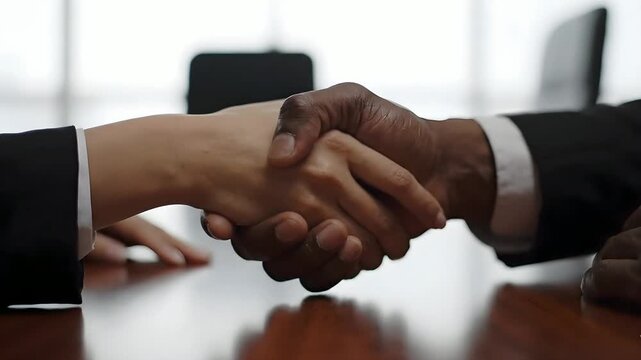 Cinematic close up of diverse business partners shaking hands over a meeting table closing a corporate deal.
