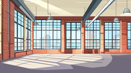 A cartoon depiction of a sunlit loft space with large windows overlooking a city © Santai