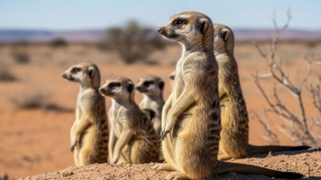 A group of meerkats on lookout in the dry African savanna.