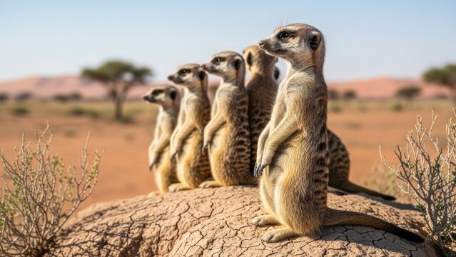 Family of meerkats standing guard in the desert.