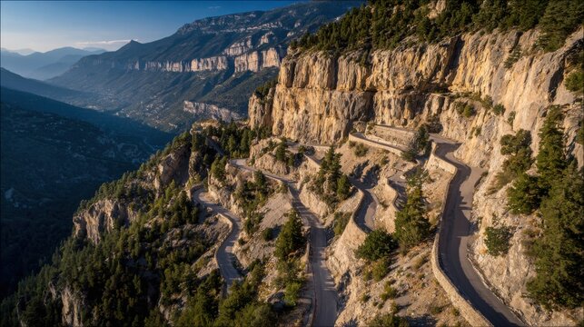 Dramatic mountain pass road with sharp hairpin turns carved into sheer cliffs, offering breathtaking scenic views