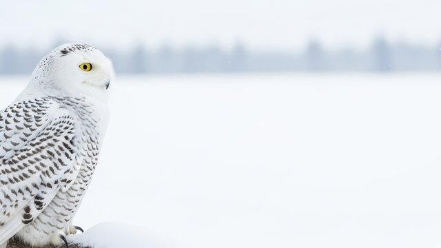 A white snowy owl on a branch against a blurred winter background.