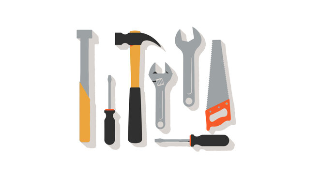 Flat Vector Hand Tool Set with Hammer, Wrenches, Screwdrivers and Saw for Home Repair and Construction Maintenance