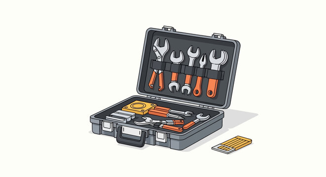 Professional Tool Kit Illustration, Open Toolbox with Wrenches and Screwdrivers, Minimalist Maintenance and DIY Repair Concept Icon on White Background