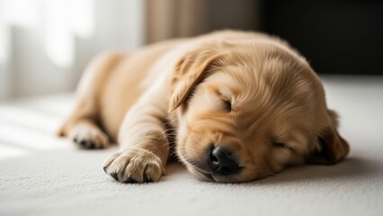 Naklejka premium A cute, fluffy golden retriever puppy sleeping on a carpet.