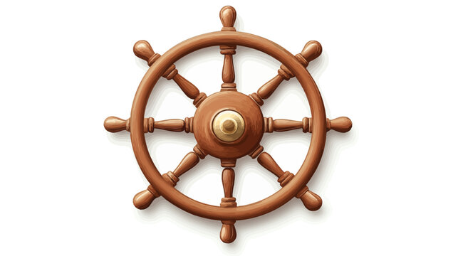 A detailed illustration of a wooden ship's wheel with a brass center on a white background