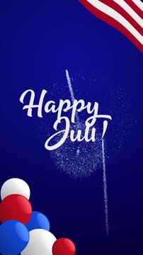 4th of july celebration with balloons, fireworks, american flag, stars. Suitable for holiday designs, social media posts, event promotions.