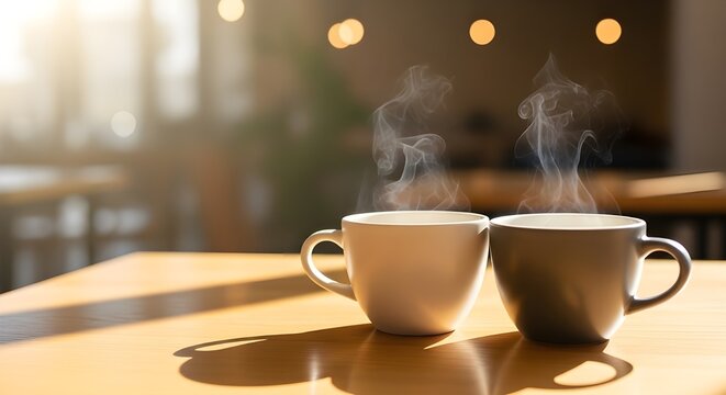 wo Ceramic Coffee Cups on Table with Warm Natural Morning Sunlight